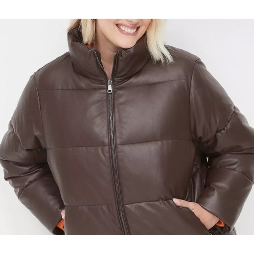 Nwt Lane Bryant Brown Faux Leather‎ Puffer Coat Zip Front Size 14/16 Retail $169